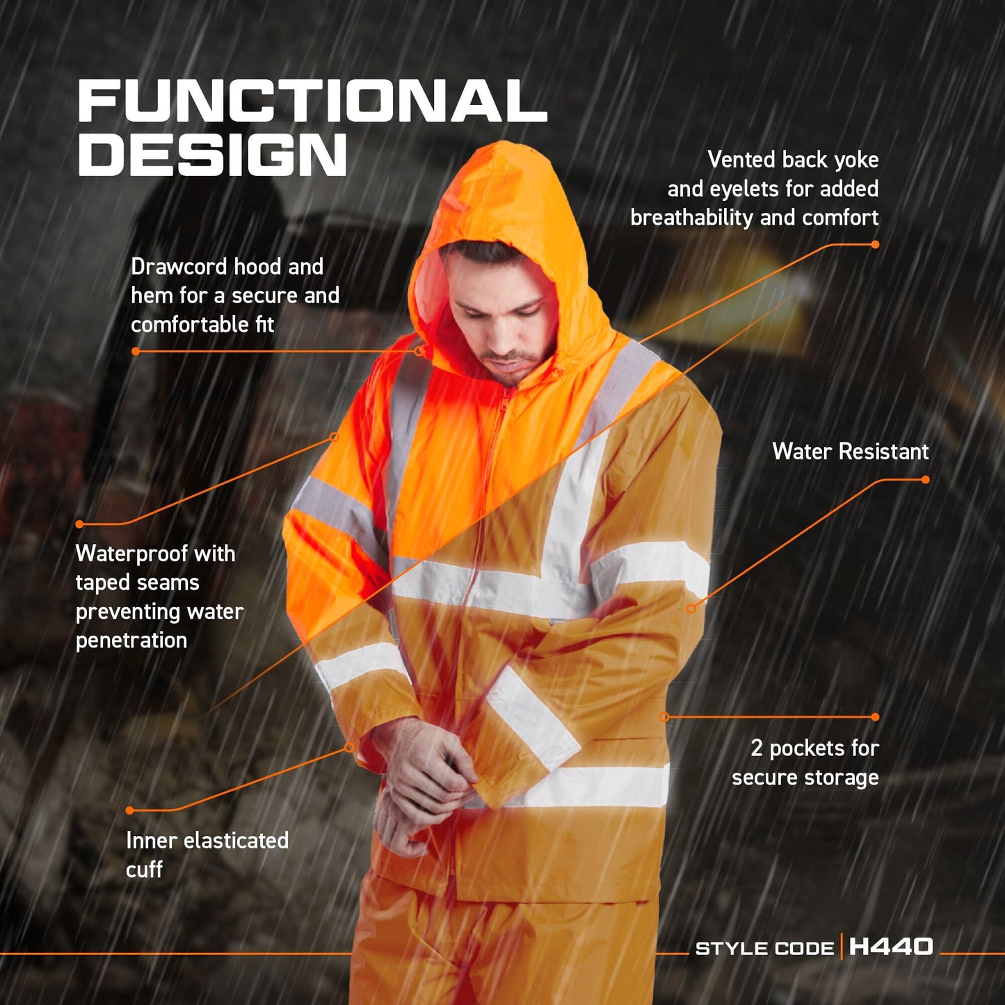 Portwest H440 Men's Waterproof Hi Vis Rain Jacket - Reflective Lightweight Safety Workwear with Pockets and Hood Orange, 4X-Large