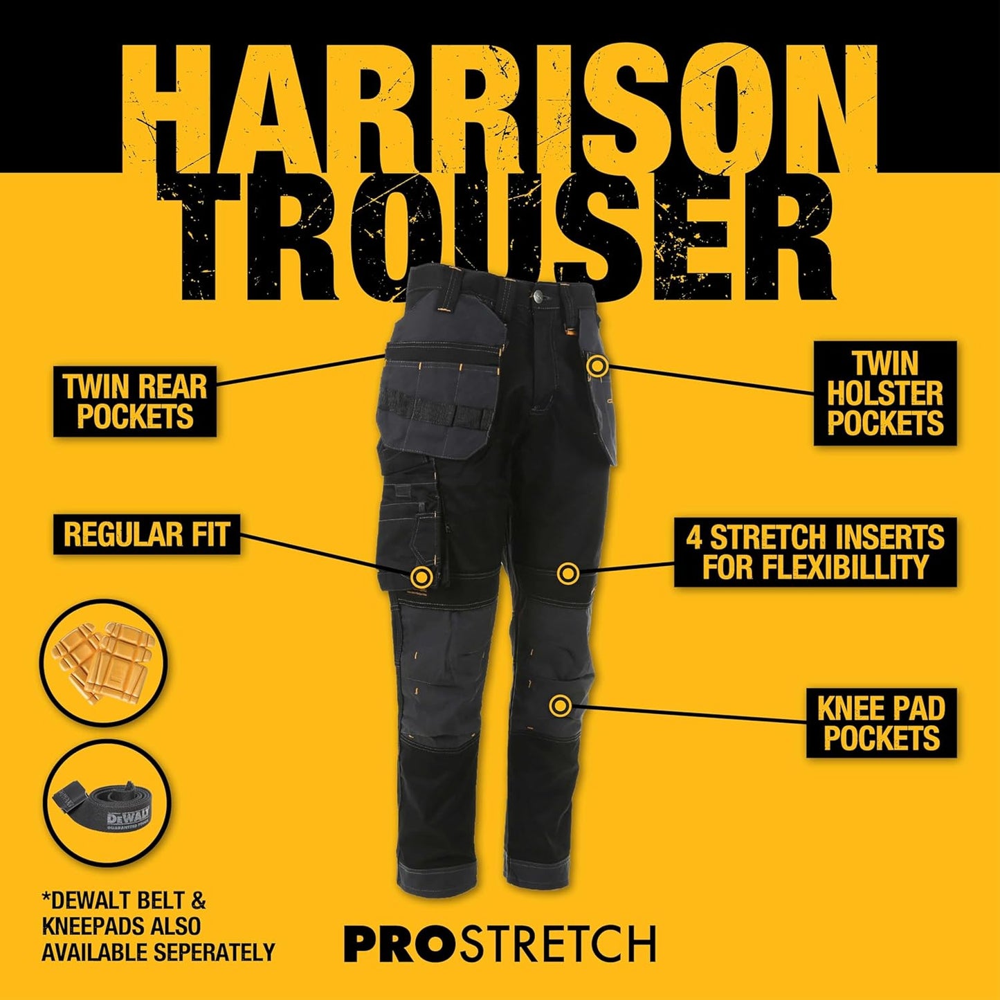 DEWALT Harrison Stretch Trouser 42W 33L Grey/Black