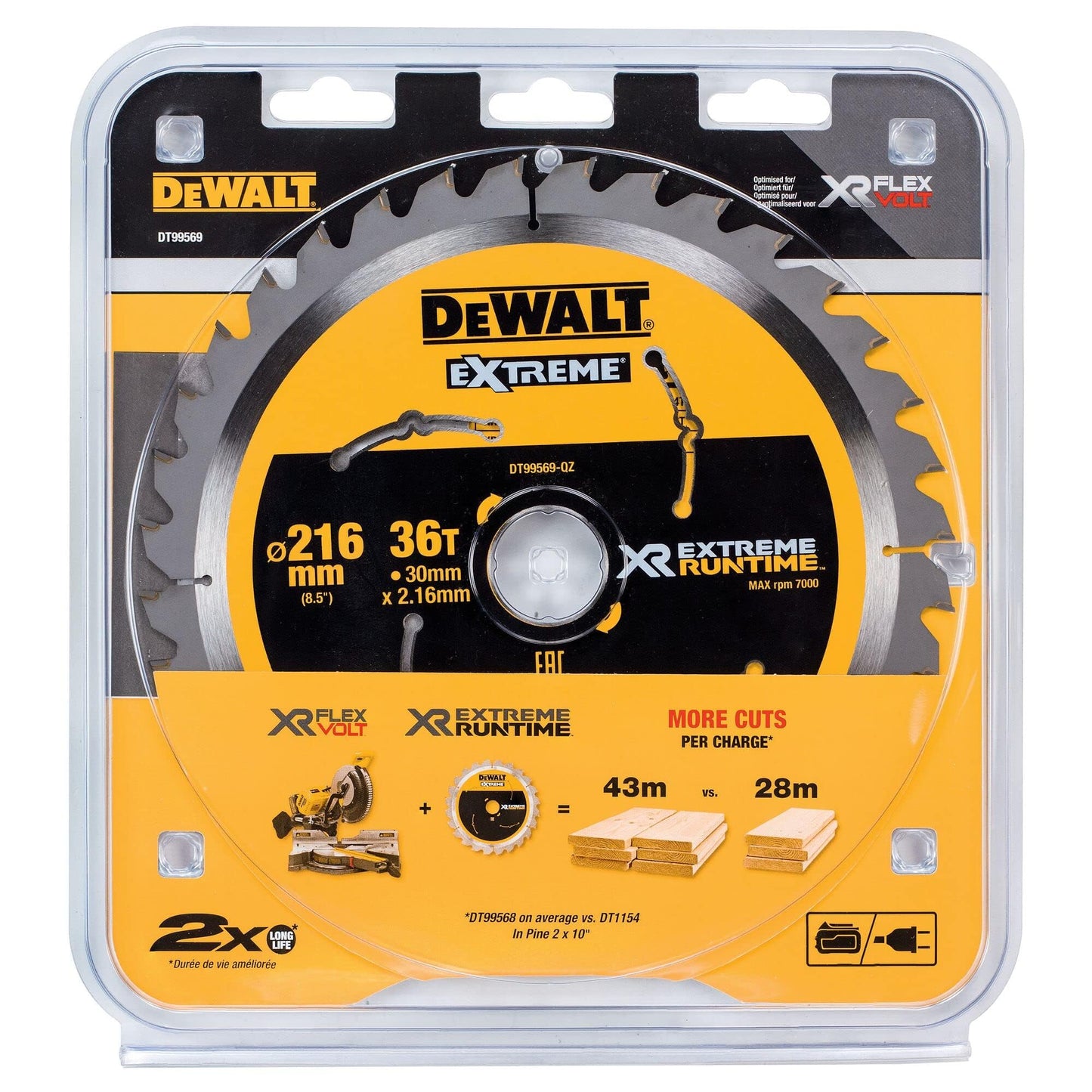 DEWALT DT99568 216 mm x 30 mm x 24T XR Extreme Runtime Mitre Saw Blade - Yellow/Black/Silver