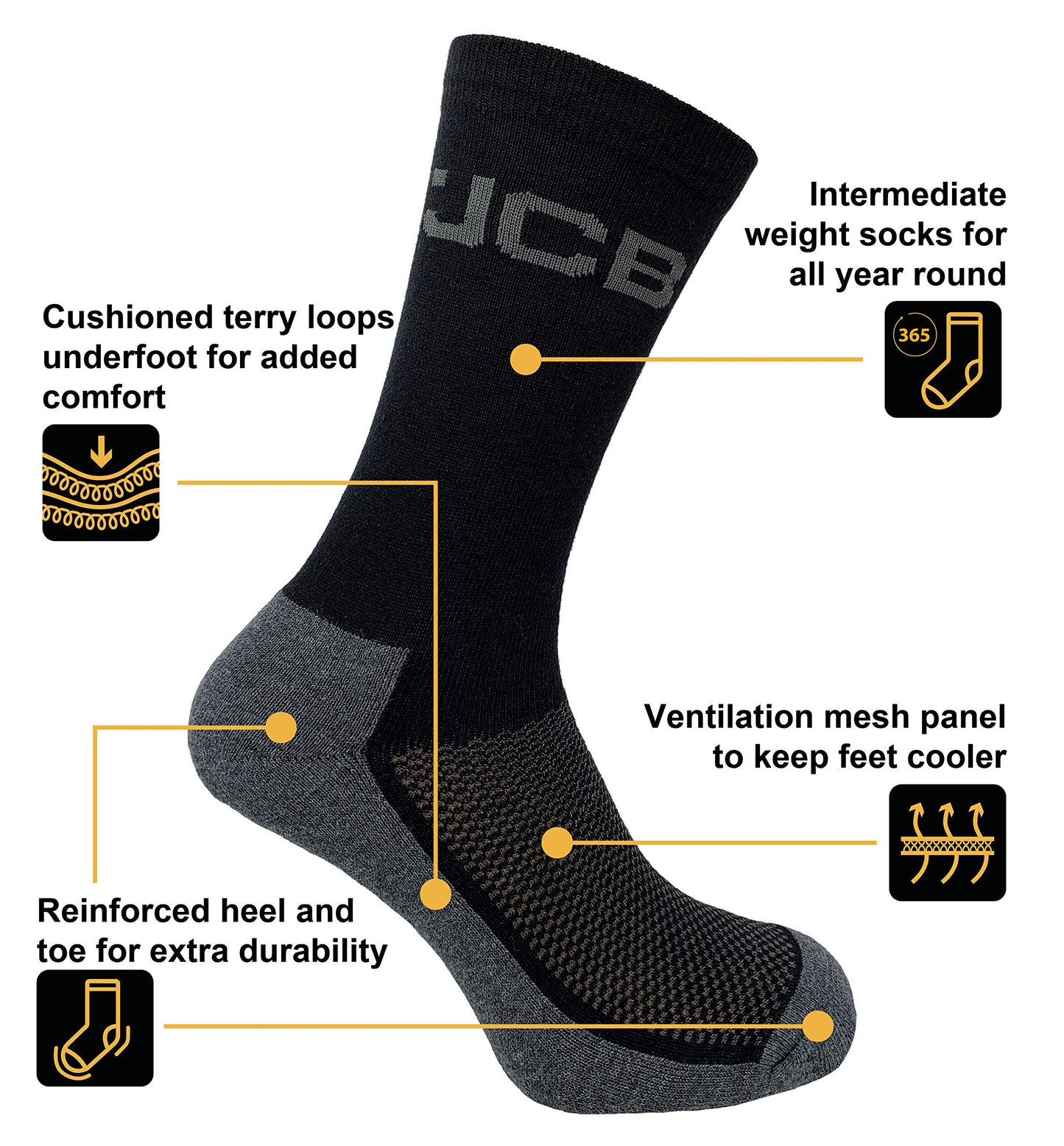 JCB Socks - Workwear Apparel Socks men's - Men's Socks - Work Socks with Added Elastane - Socks Men's - 3 Pack - Socks Multipack - Black Socks - UK 6-11, EUR 39-46