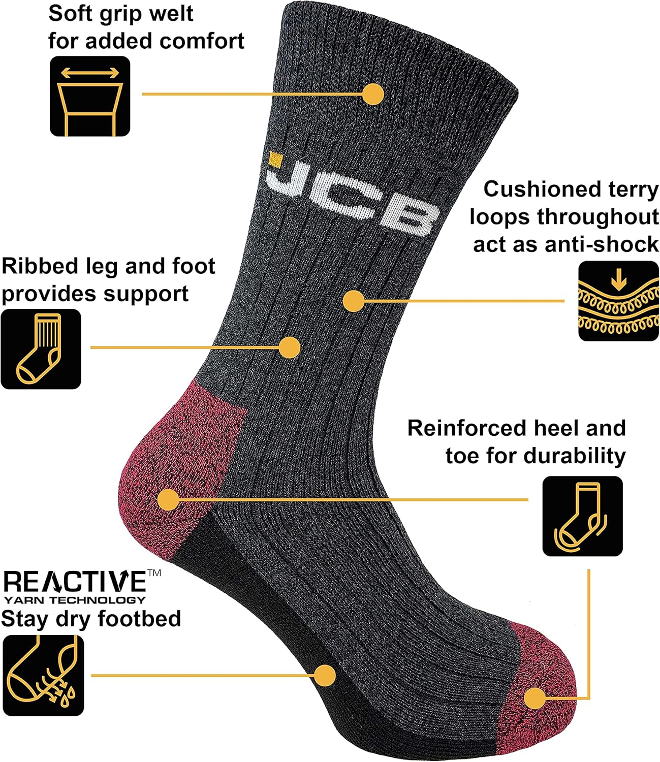 JCB Socks - Workwear Apparel Socks Mens - 3 Pack - Reinforced Heels and Toes - Boot Socks - Assorted Black Socks - UK 6-11, EUR 39-46