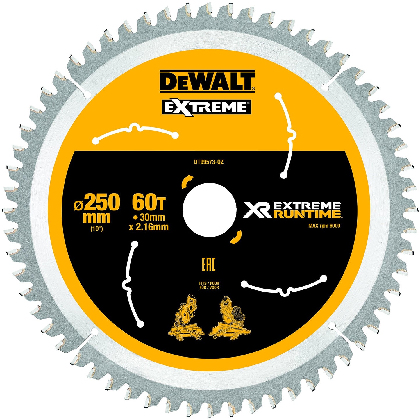 DEWALT DT99568 216 mm x 30 mm x 24T XR Extreme Runtime Mitre Saw Blade - Yellow/Black/Silver