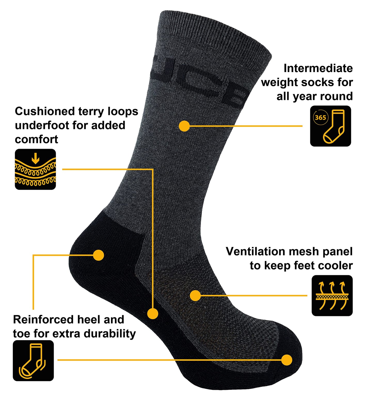 JCB Socks - Workwear Apparel Socks men's - Men's Socks - Work Socks with Added Elastane - Socks Men's - 3 Pack - Socks Multipack - Black Socks - UK 6-11, EUR 39-46