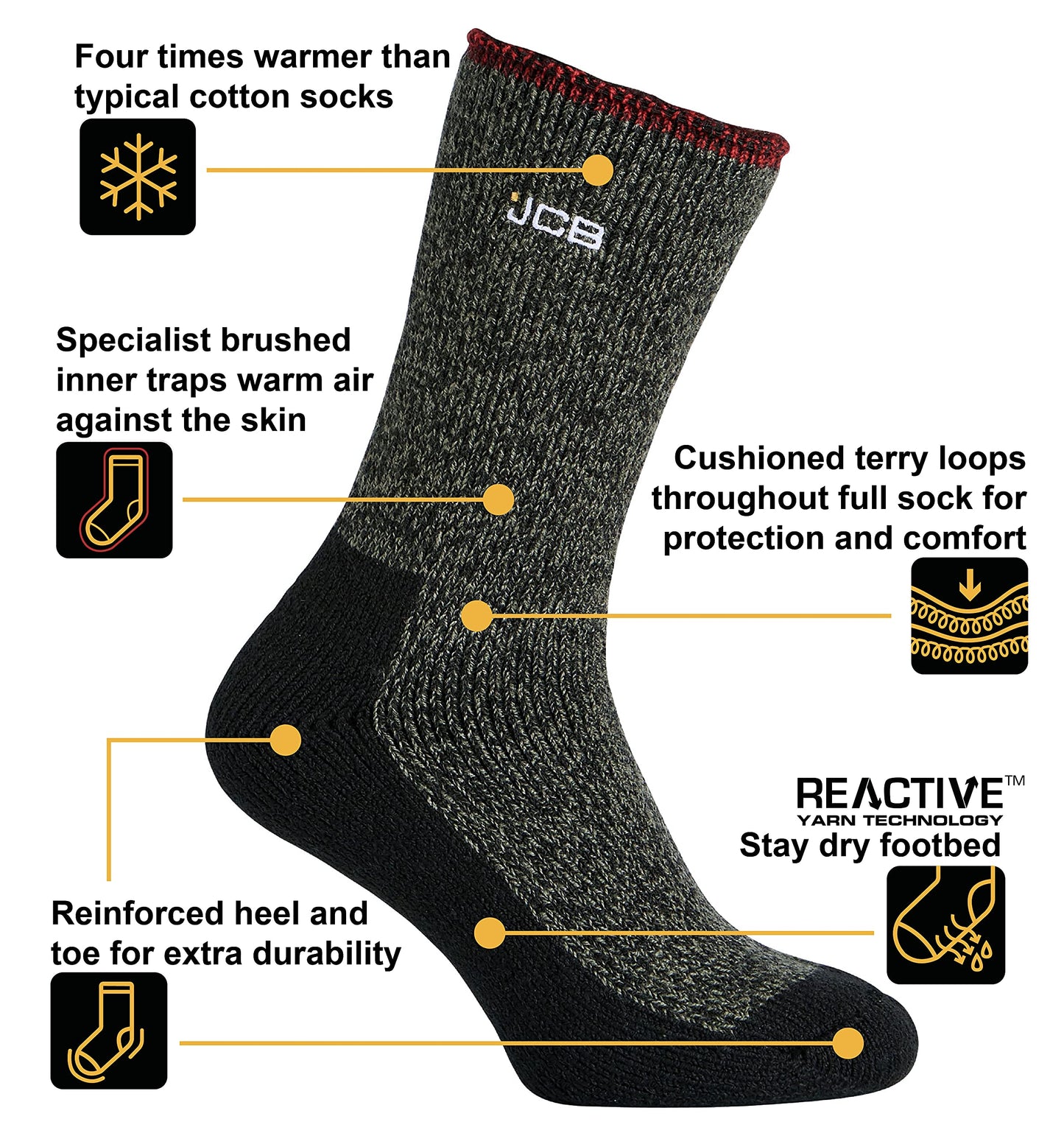 JCB - Mens Thermasock Boot Socks | 1 Pair | Mens Heavy Duty Thick Winter Socks