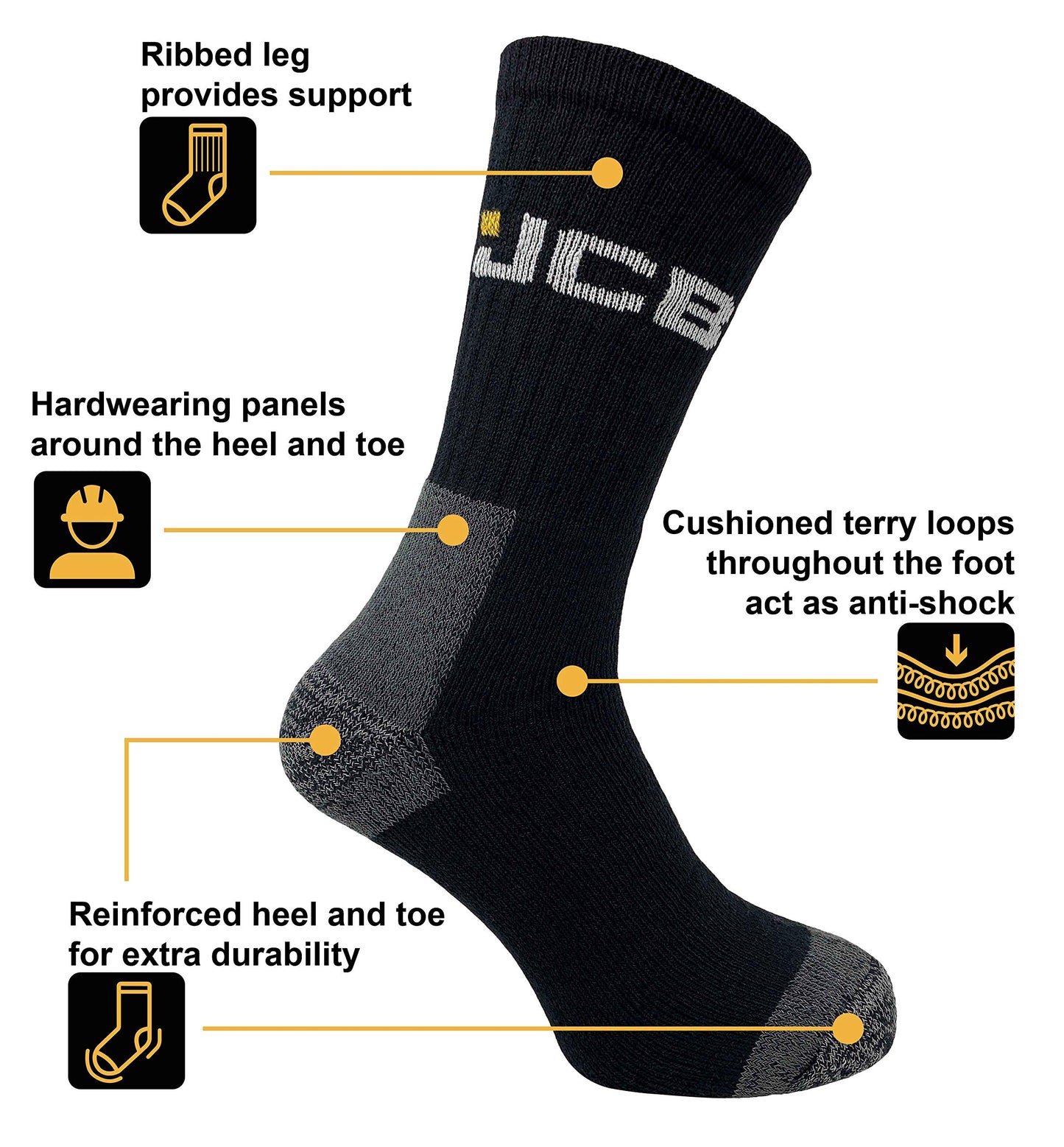 JCB Socks - Workwear Apparel Socks men's - Men's Socks - Work Socks with Added Elastane - Socks Men's - 3 Pack - Socks Multipack - Black Socks - UK 6-11, EUR 39-46