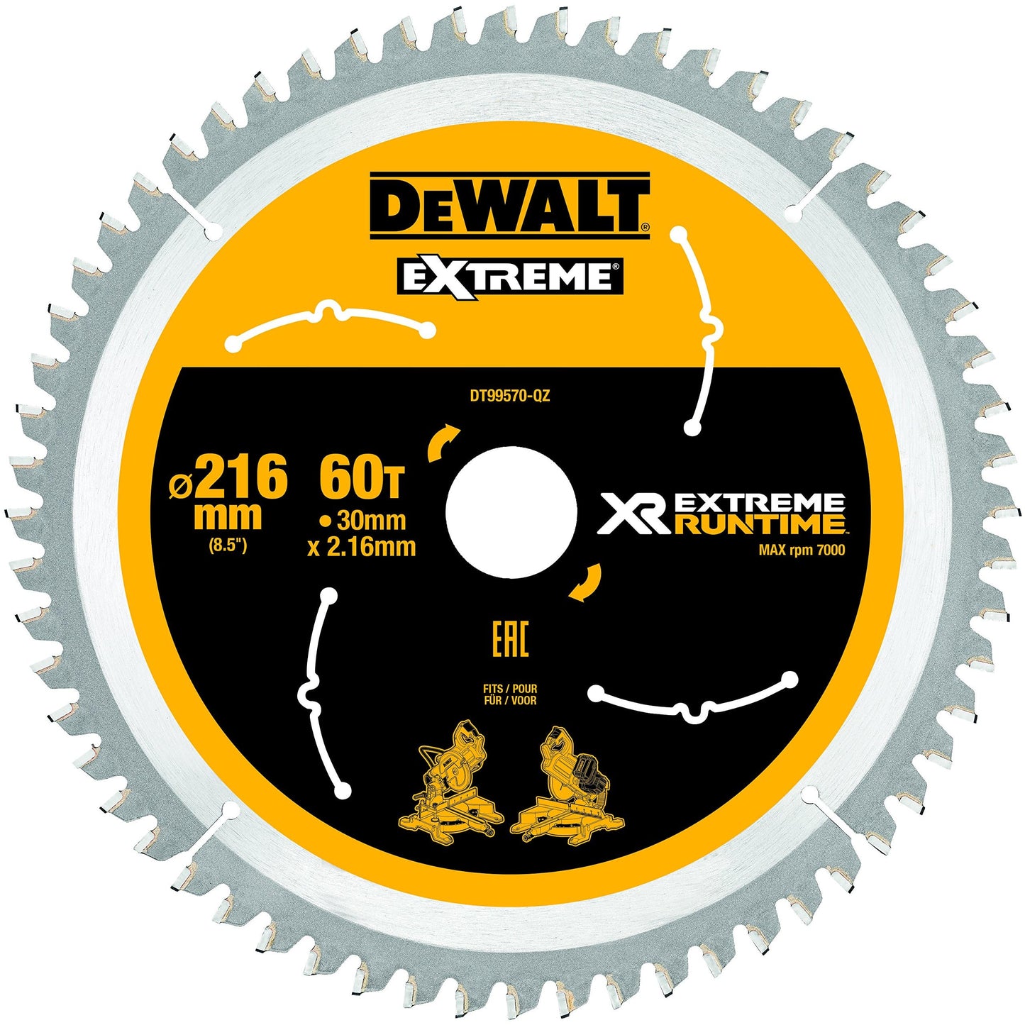 DEWALT DT99568 216 mm x 30 mm x 24T XR Extreme Runtime Mitre Saw Blade - Yellow/Black/Silver