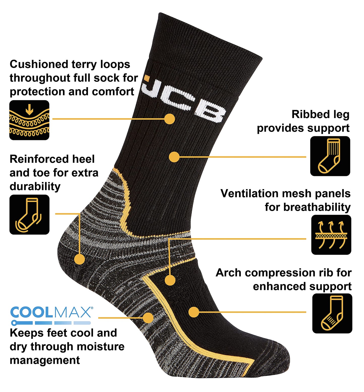 JCB - JCB Socks - Pro Tech Cool Socks - Premium Men's Socks - Work Boot Socks - Breathable Socks - 1 Pack - Grey/Black Socks - Reinforced heels and toes - Arch Support - UK