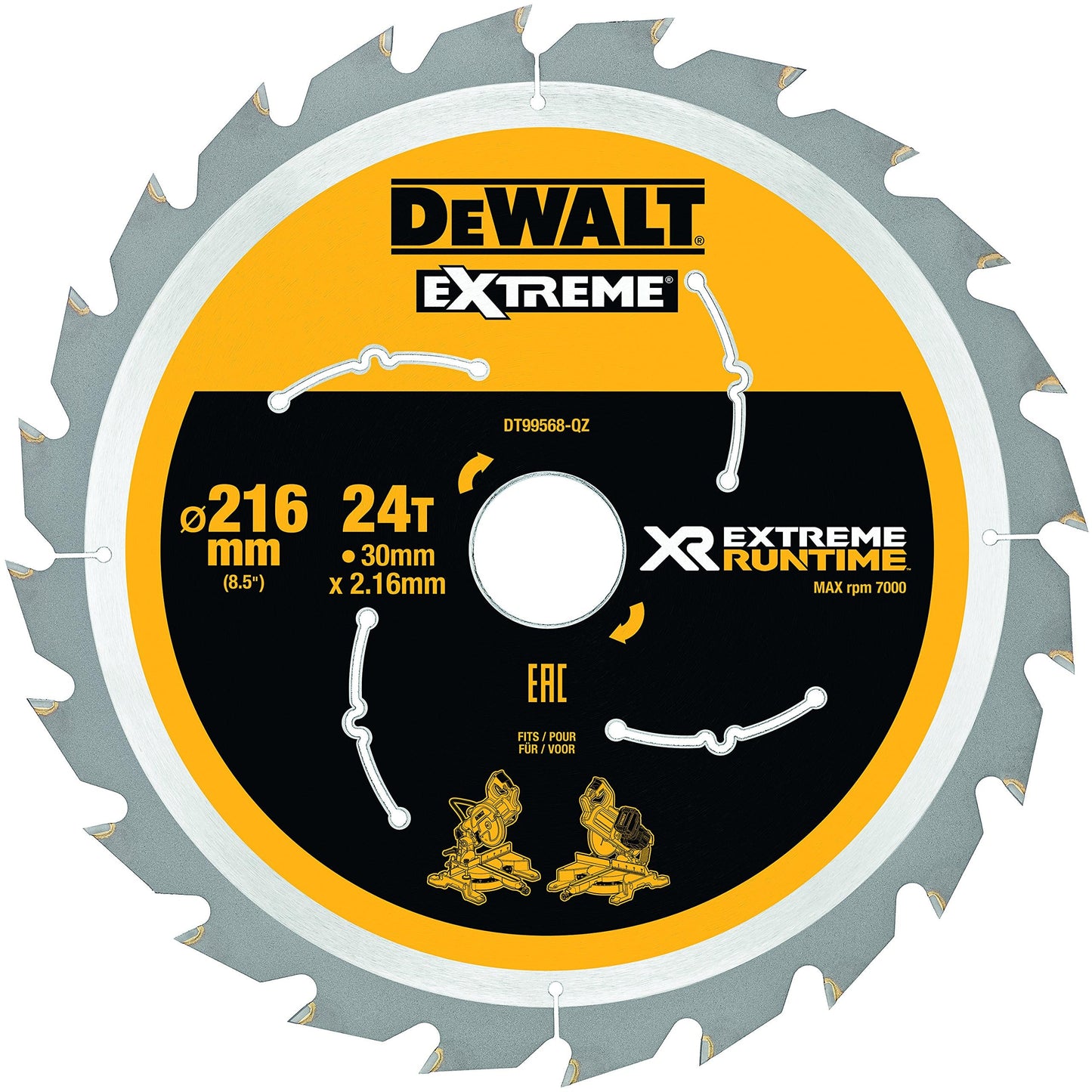 DEWALT DT99568 216 mm x 30 mm x 24T XR Extreme Runtime Mitre Saw Blade - Yellow/Black/Silver