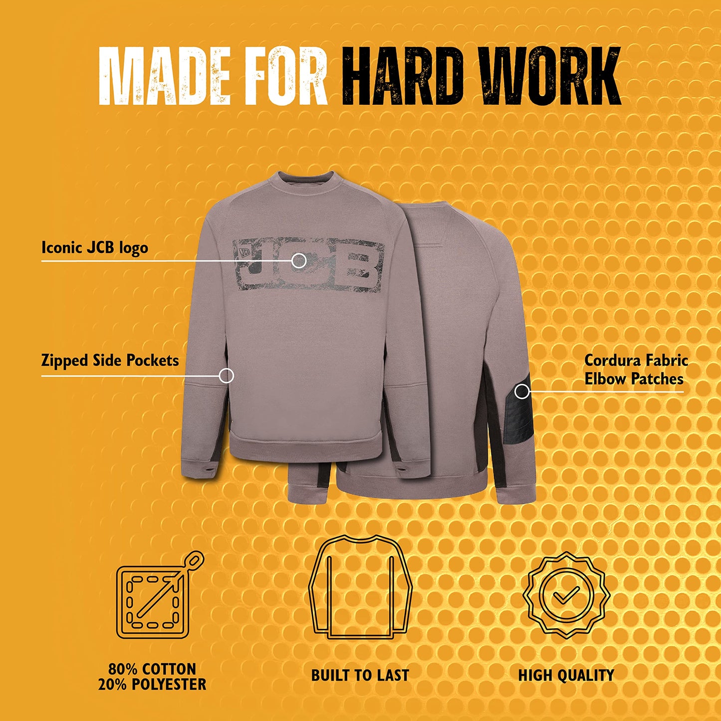 JCB - Trade Crew Sweatshirt Made with 80% Cotton & 20% Polyester Men's Jumpers Branding Details Cordura Fabric Elbow Patches Mens Clothes 320gsm