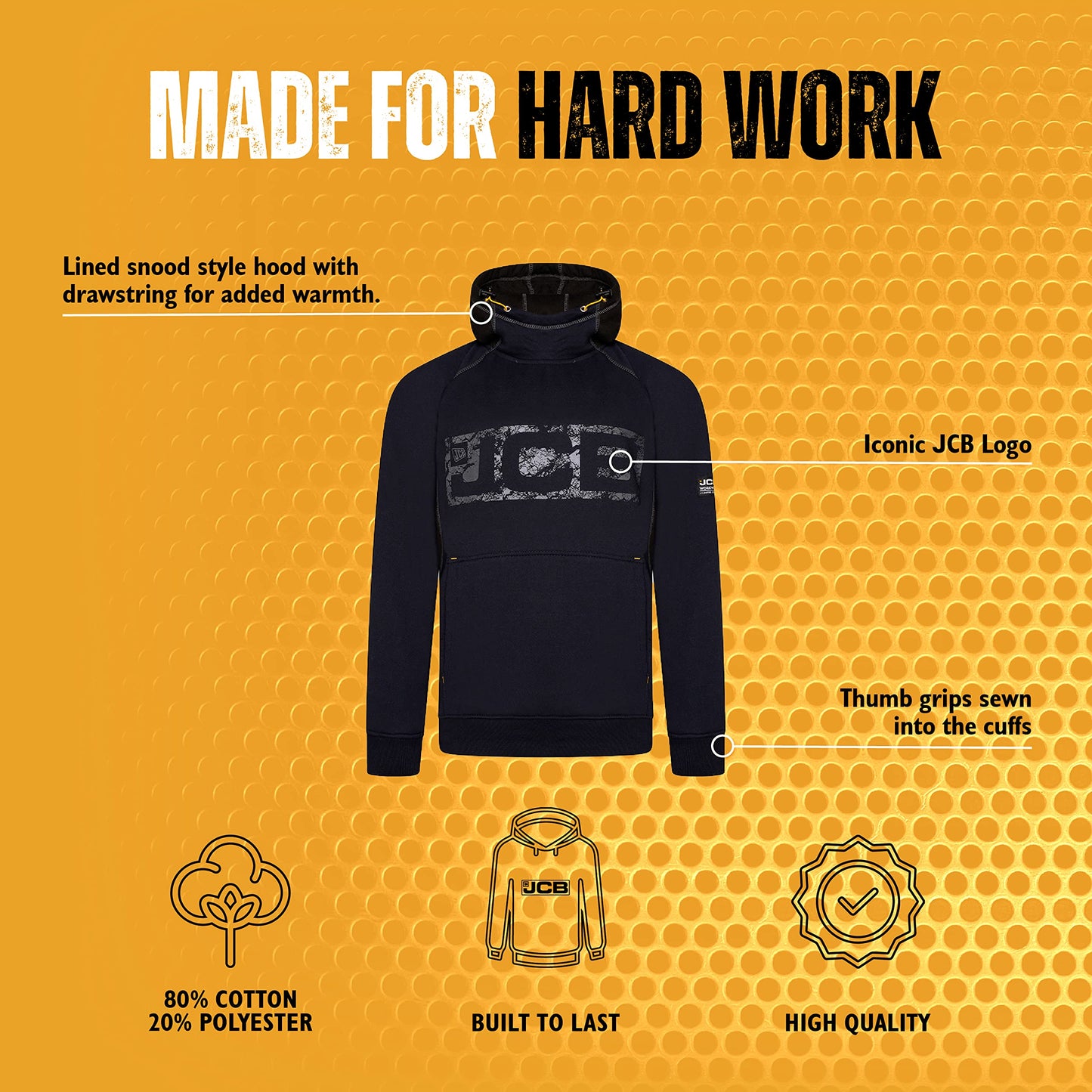 JCB - Horton Hoodie, Large - Made with 80% Cotton & 20% Polyester - Hoodies for Men Branding Details - Mens Clothes - Cordura Fabric Elbow Patches - 320gsm - Navy/Black