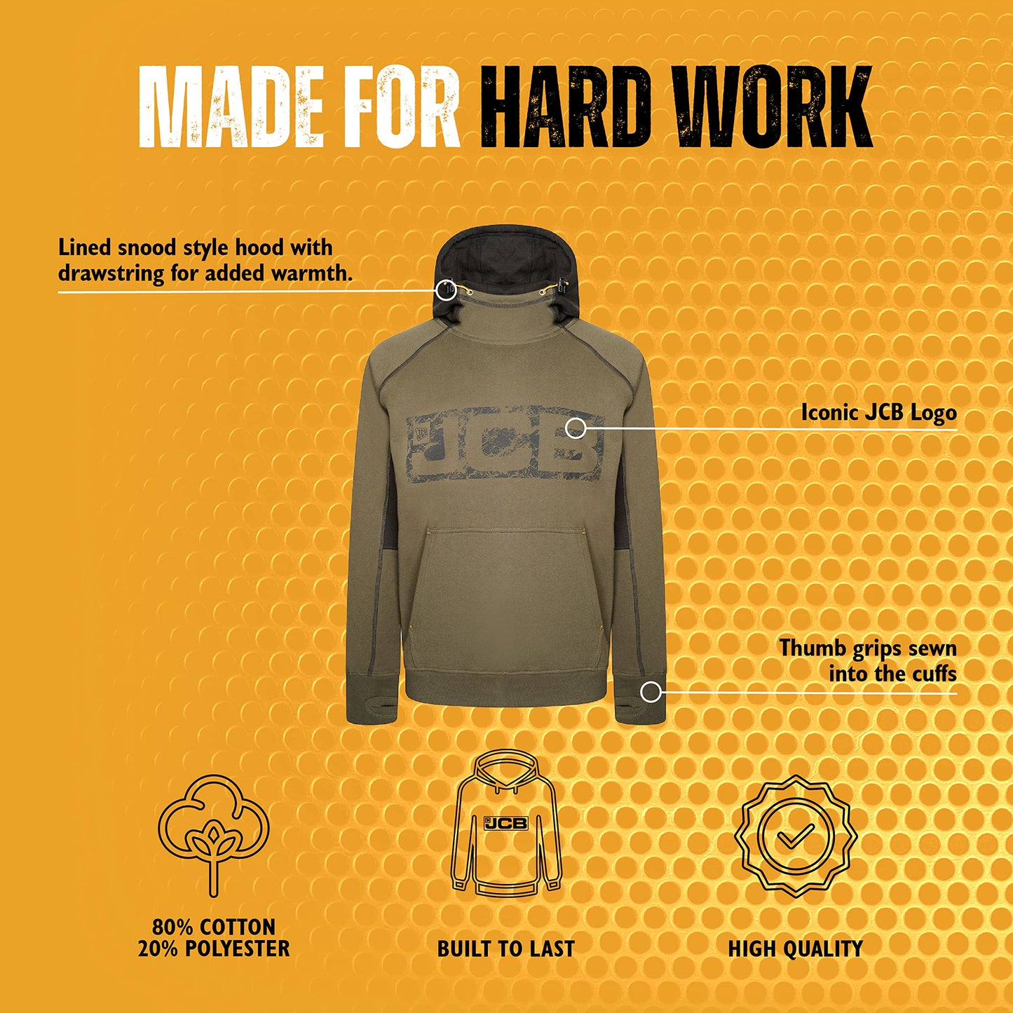 JCB - Horton Hoodie, Large - Made with 80% Cotton & 20% Polyester - Hoodies for Men Branding Details - Mens Clothes - Cordura Fabric Elbow Patches - 320gsm - Navy/Black