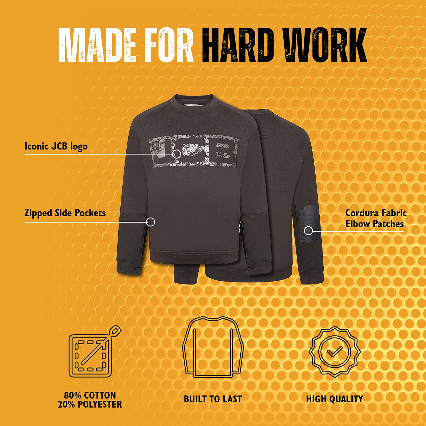 JCB - Trade Crew Sweatshirt Made with 80% Cotton & 20% Polyester Men's Jumpers Branding Details Cordura Fabric Elbow Patches Mens Clothes 320gsm