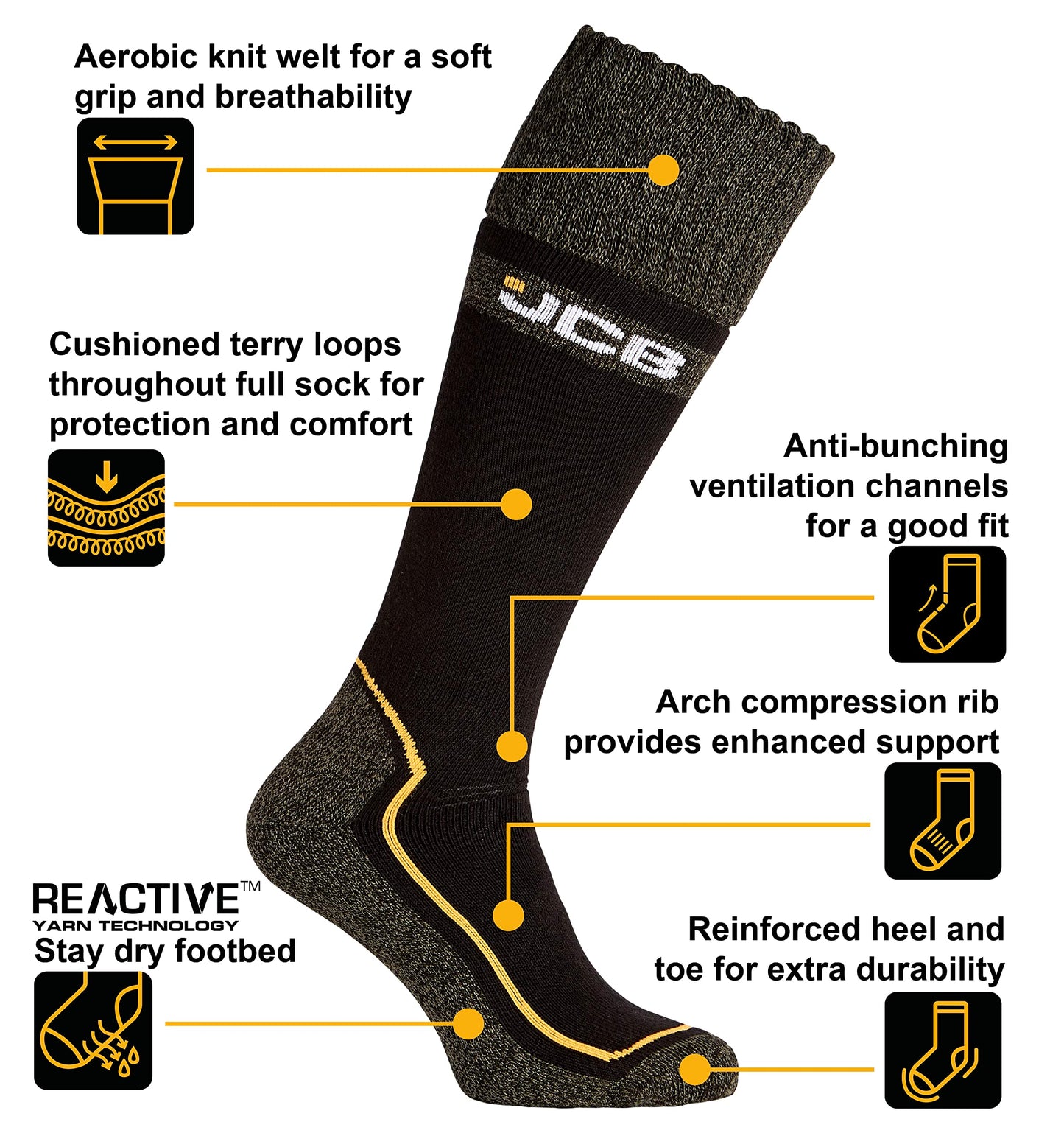 JCB Pro Tech Welly Men's Socks - Winter Warm Thick Long Socks for Wellies -Reinforced Heel & Toe - Extra Comfortable Aerobic Cuff