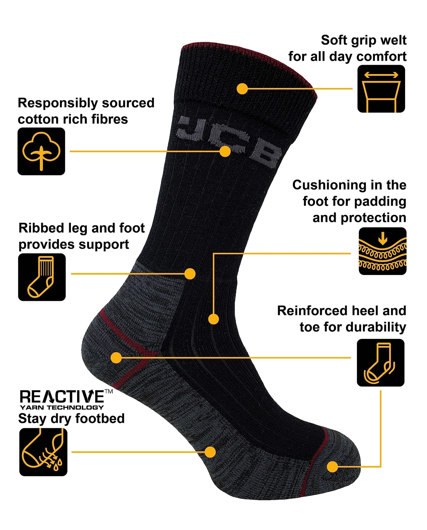 JCB - Work Tough Sock - Crew Socks - Cotton Rich, Black Assorted - 3 pack - UK 6-11, EUR 39-46