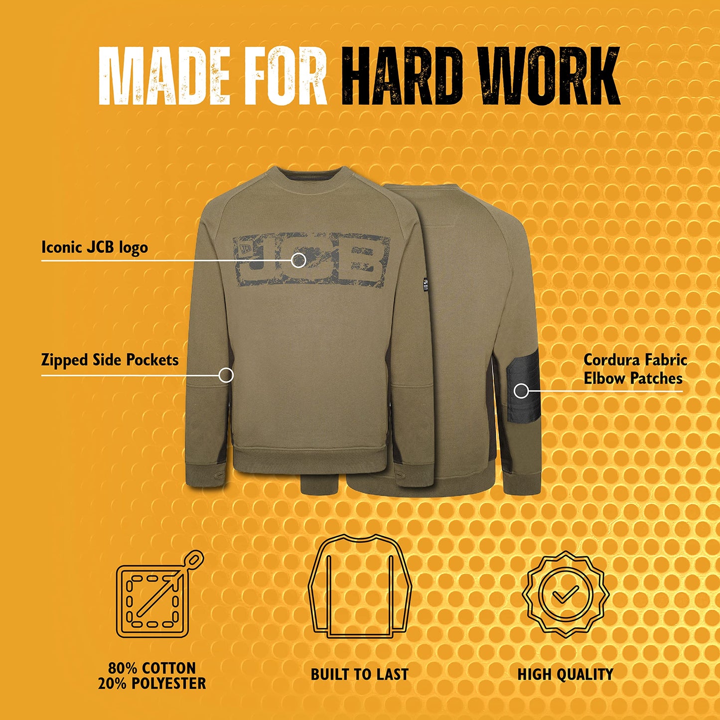 JCB - Trade Crew Sweatshirt Made with 80% Cotton & 20% Polyester Men's Jumpers Branding Details Cordura Fabric Elbow Patches Mens Clothes 320gsm