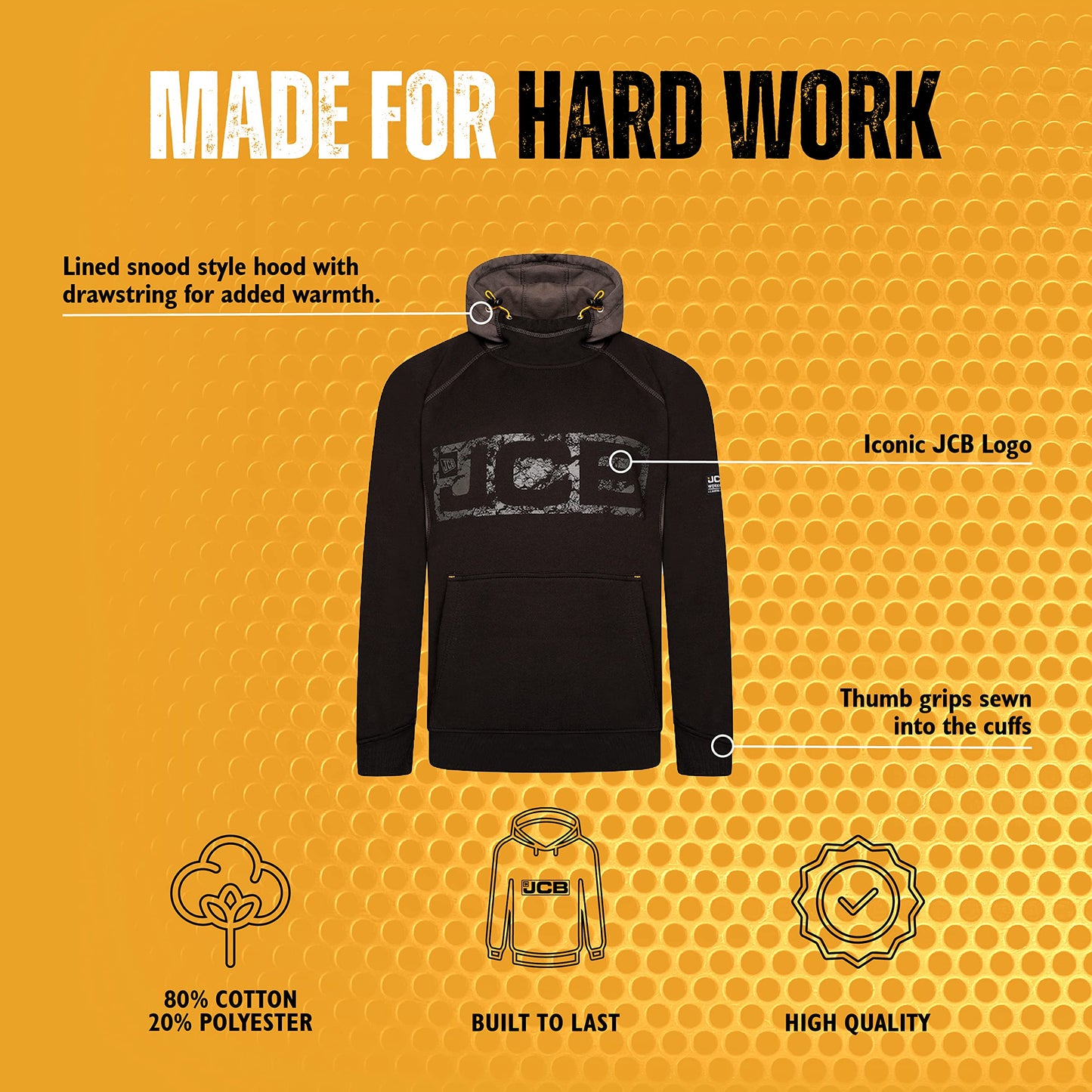 JCB - Horton Hoodie, Large - Made with 80% Cotton & 20% Polyester - Hoodies for Men Branding Details - Mens Clothes - Cordura Fabric Elbow Patches - 320gsm - Navy/Black