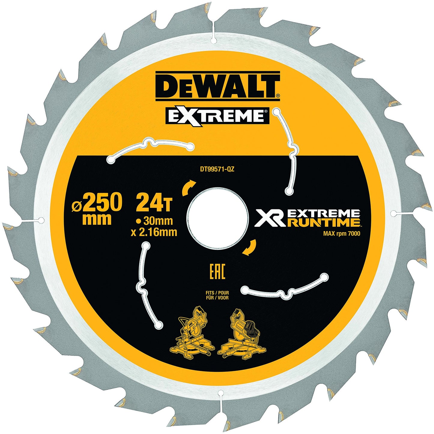 DEWALT DT99568 216 mm x 30 mm x 24T XR Extreme Runtime Mitre Saw Blade - Yellow/Black/Silver