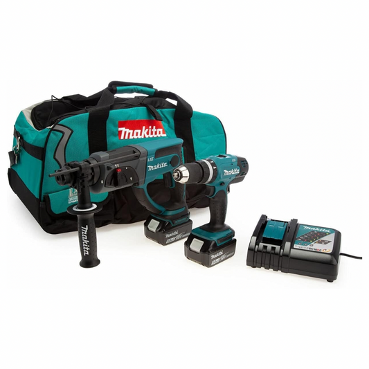 Makita DLX2025T 18V Li-ion LXT 2 Piece Kit comprising DHR202Z and DHP453Z Complete with 2 x 5.0 Ah Batteries and Charger Supplied in a LXT Heavy Duty Tool Bag Blue/Black