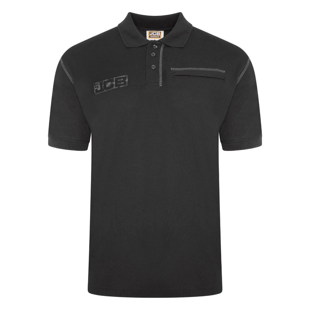 JCB Workwear - Trade Work Polo Shirt - Mens Shirt for Work Accents - Zipped Phone Pocket - 100% Cotton Shirt - Black - Size M