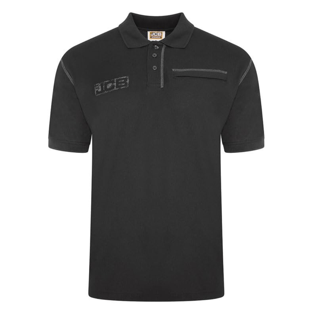 JCB Workwear - Trade Work Polo Shirt - Mens Shirt for Work Accents - Zipped Phone Pocket - 100% Cotton Shirt - Black - Size L