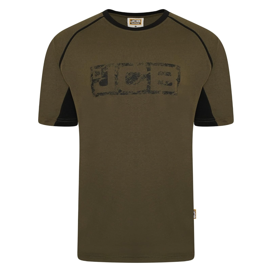 JCB Workwear - Trade Work T Shirt - Mens T Shirt for Work - Distressed Logo - Contrast Accents - 100% Cotton T Shirt - Olive/Black - Size XXL