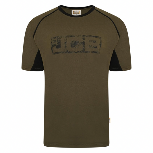 JCB Workwear - Trade Work T Shirt - Mens T Shirt for Work - Distressed Logo - Contrast Accents - 100% Cotton T Shirt - Olive/Black - Size XXL