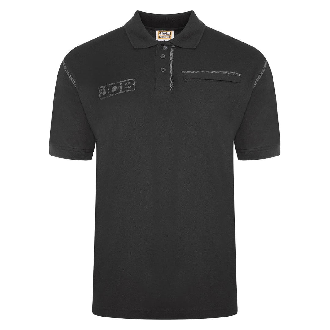 JCB Workwear - Trade Work Polo Shirt - Mens Shirt for Work Accents - Zipped Phone Pocket - 100% Cotton Shirt - Black - Size 3XL