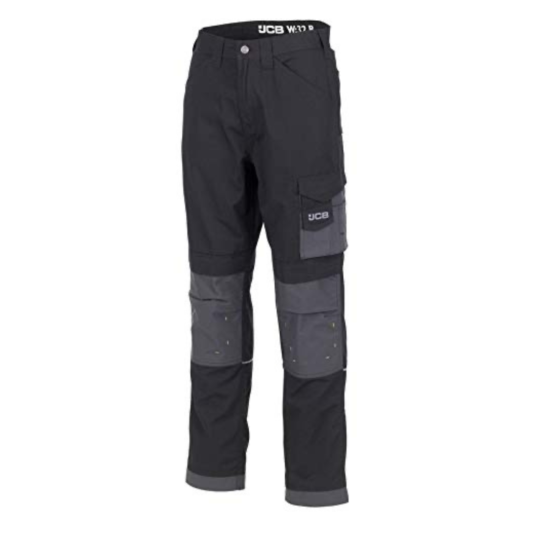 JCB - Mens Work Trousers - Workwear Trousers - Cargo Trouser Men - Trade Plus Rip Stop Trousers - Regular Leg - Black/Grey - Size 32