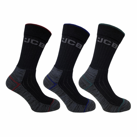 JCB - Work Tough Sock - Crew Socks - Cotton Rich, Black Assorted - 3 pack - UK 6-11, EUR 39-46