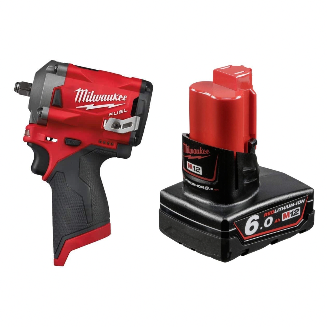 Milwaukee M12 FIW38-0 4933464612 Impact Wrench, 12V Li-Ion, 3/8, Square – M12FIW38-0, 12 V, Black/Red & M12B6 12v 6.0Ah Red Lithium-ion Battery