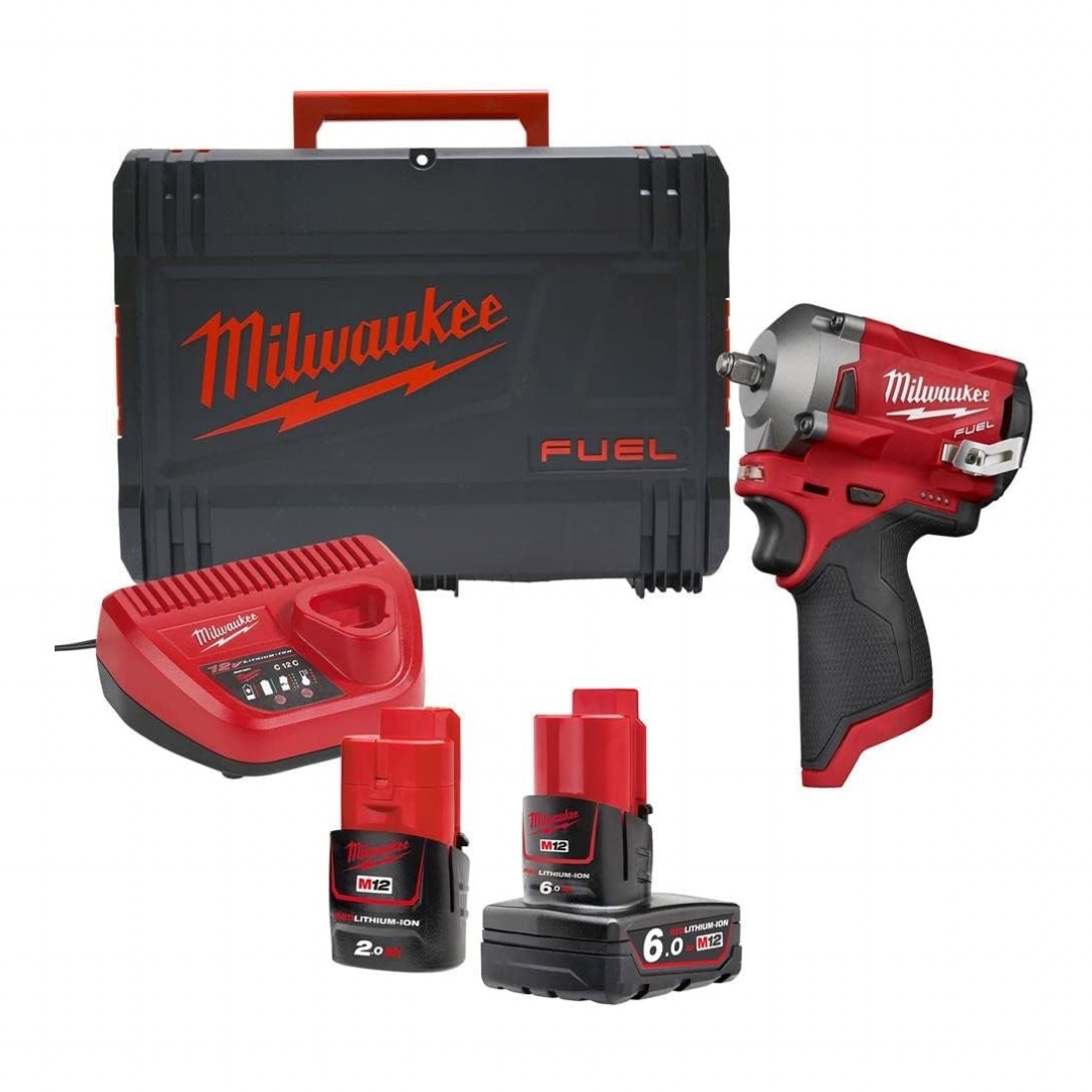 Milwaukee M12 FIW38-622X Fuel™ Impact Wrench Kit 12V 1 x 2.0Ah & 1 x 6.0Ah Li-ion & M12B6 12v 6.0Ah Red Lithium-ion Battery,4 x 4 x 10 cm