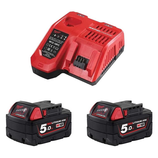 Milwaukee Charger Kit + 2 Batteries M18 5.AMP NRG-502 4933471980, Red, 0